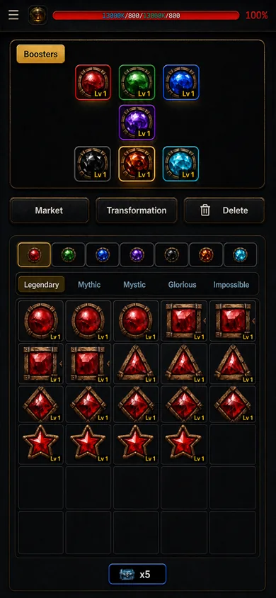 Alchemy boosters, seven gem lines across five rarities