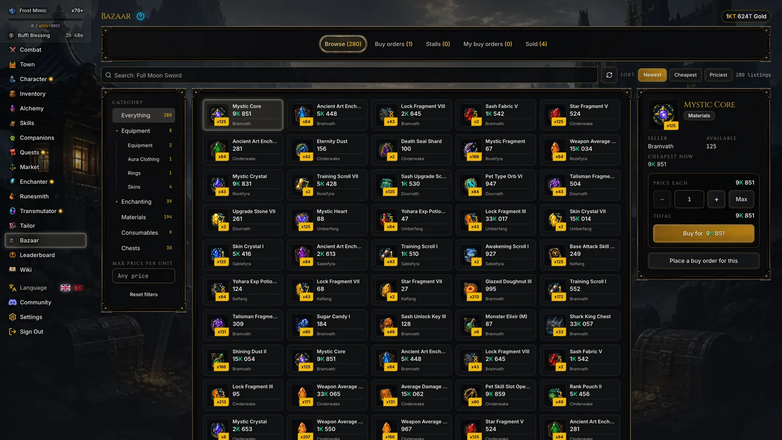 Player bazaar with a listing open