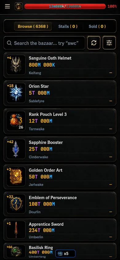 Player bazaar with 6,368 live listings