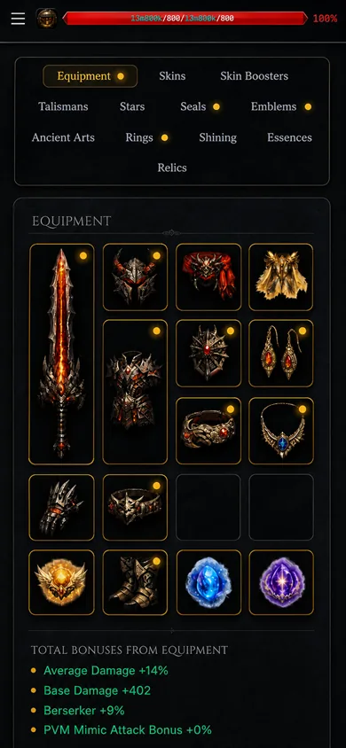 Character screen with the full equipment doll and total bonuses