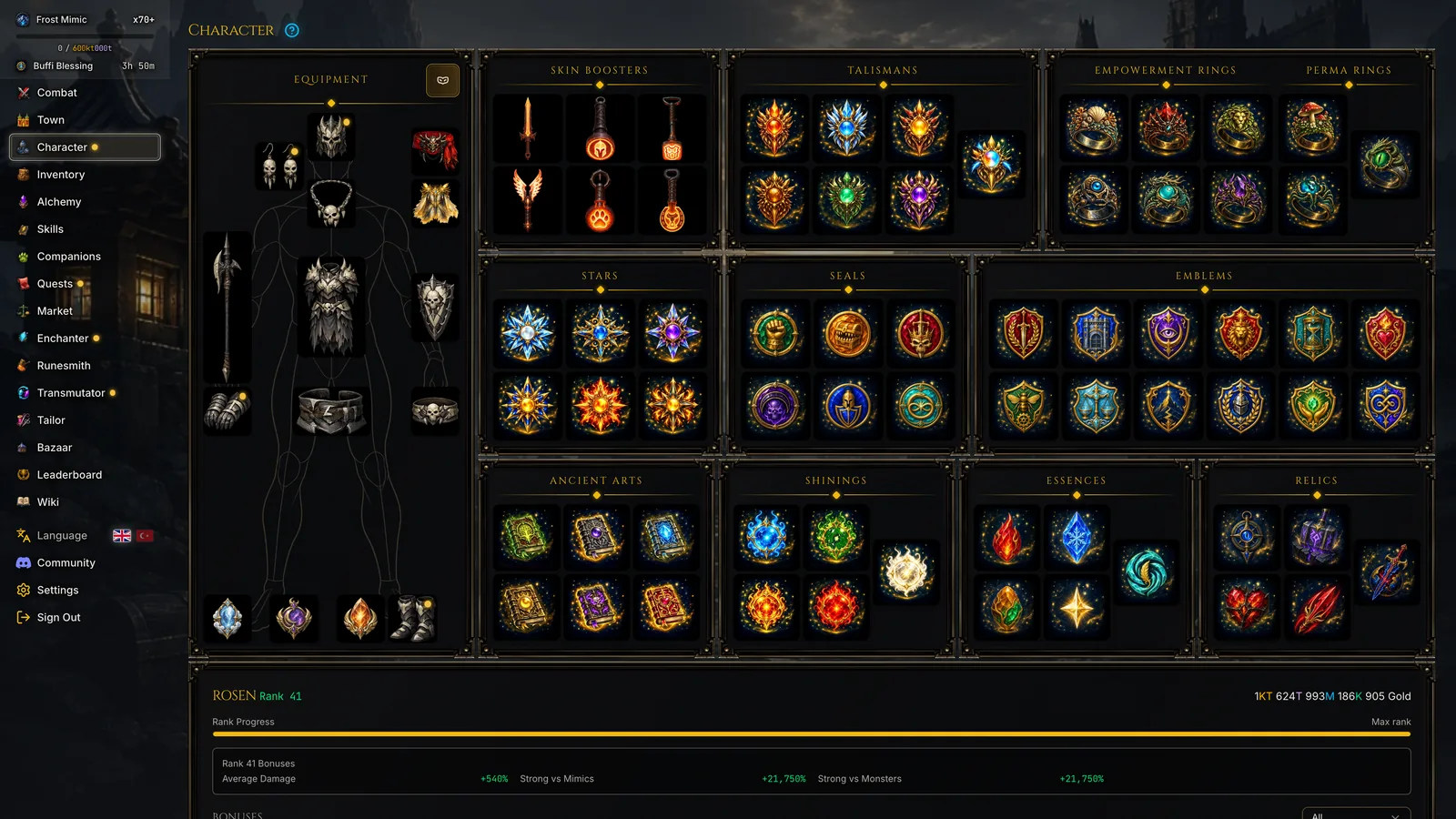 Character screen with equipped gear and total bonuses