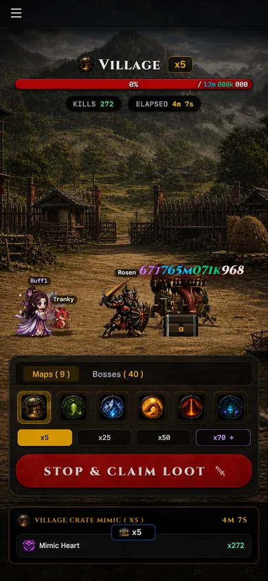 Combat on the Village map with Stop & Claim Loot