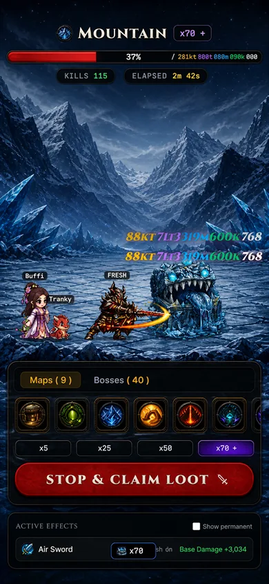 Combat on the Ice Mountain map, 70x kill tier farming