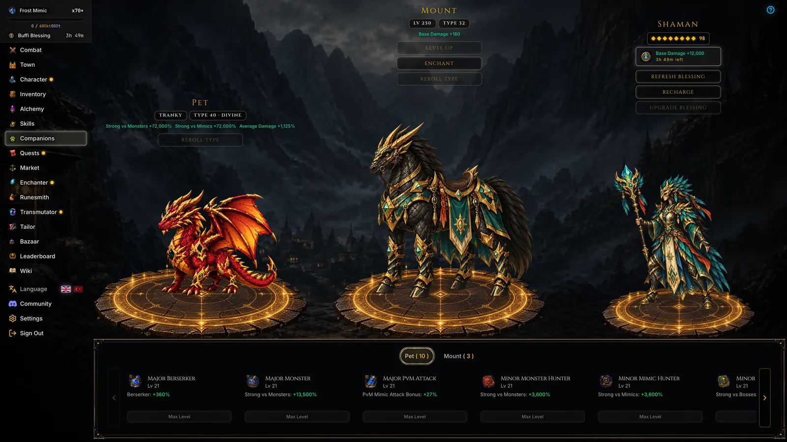 Pet, mount and shaman on the Companions page