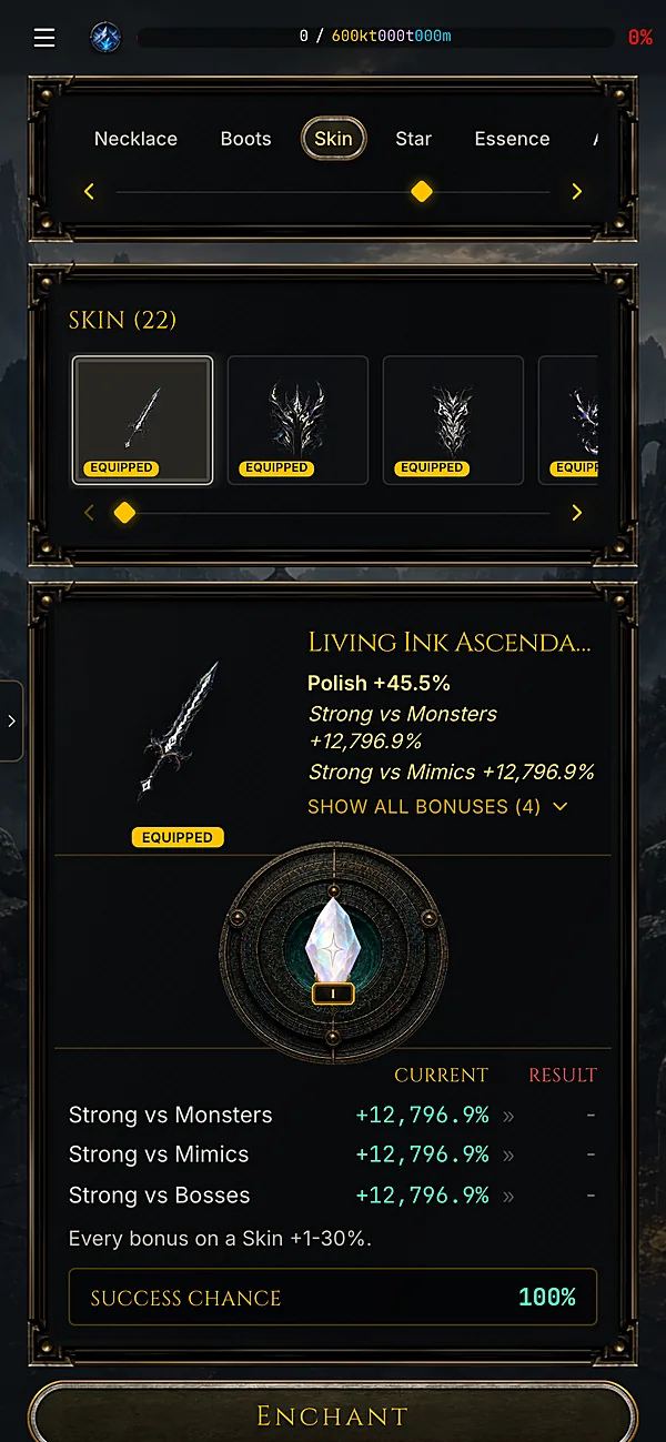 Enchanter with a Polish stone selected on a skin