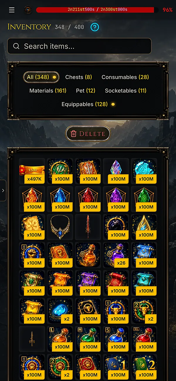 Inventory with chests, materials and gear