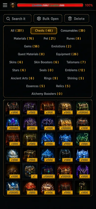 Inventory with 351 items across chests, gems and materials