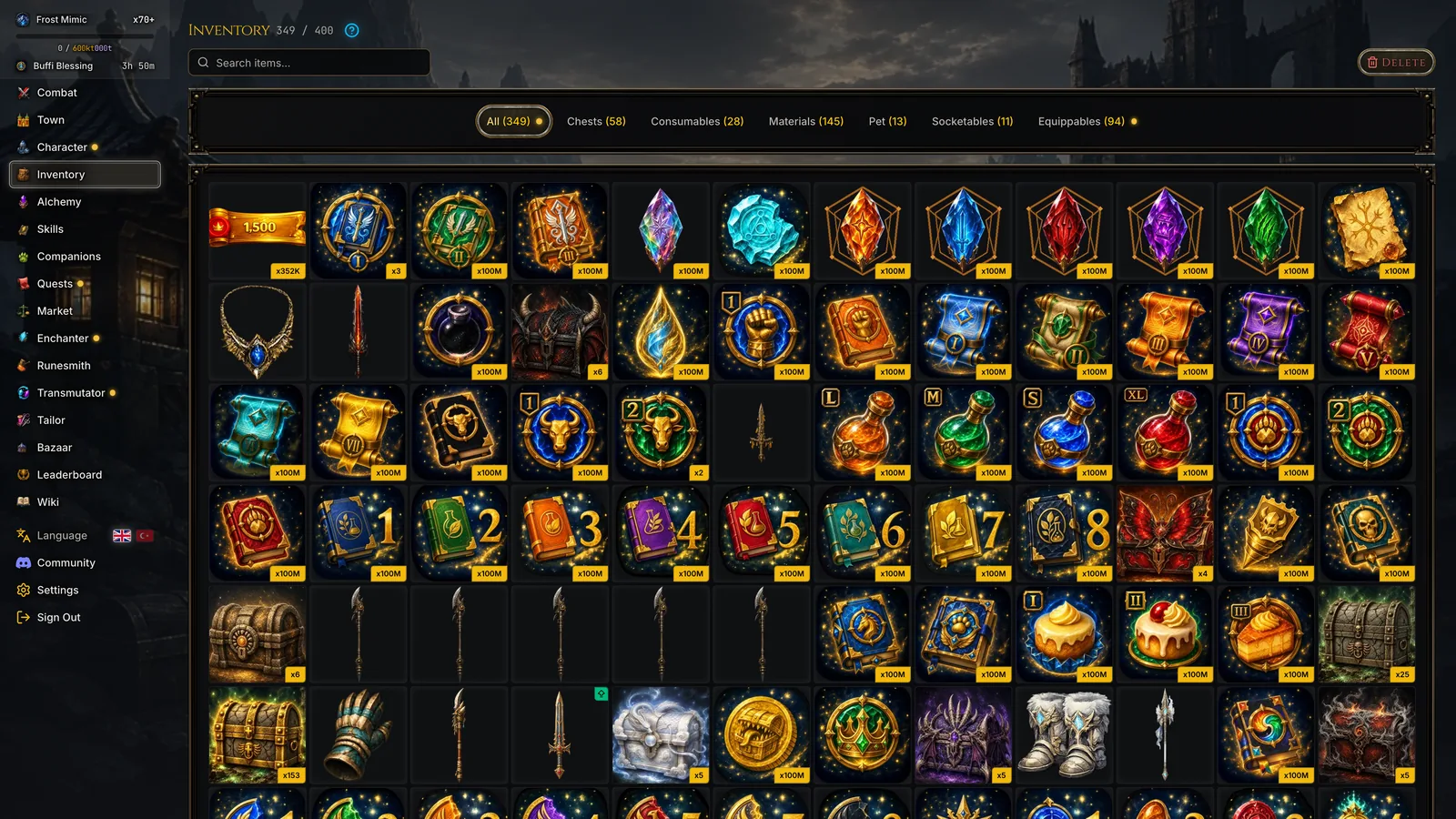 Inventory with chests, materials and gear