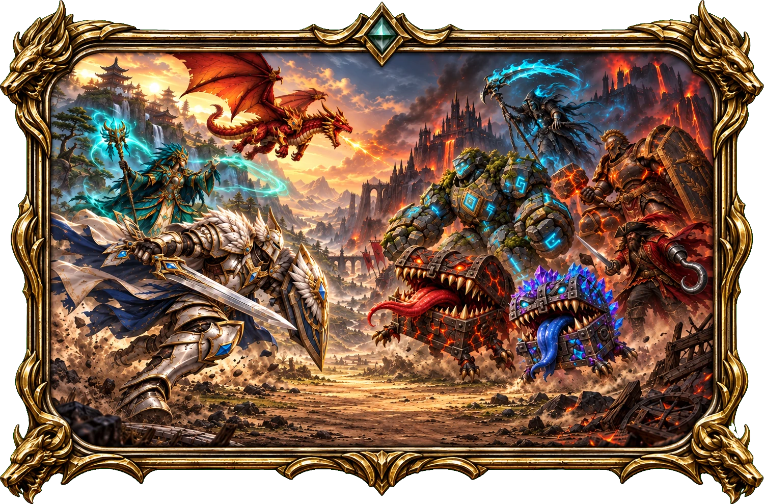 The warrior, the Shaman and Tranky charge mimics and bosses across a sunset valley