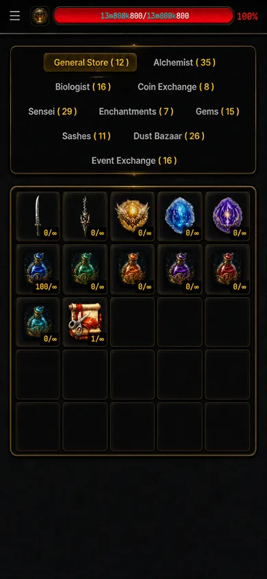NPC shops: general store, alchemist, sensei and more