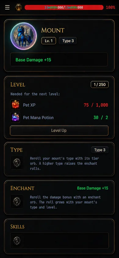 Mount with level, type and enchant rolls