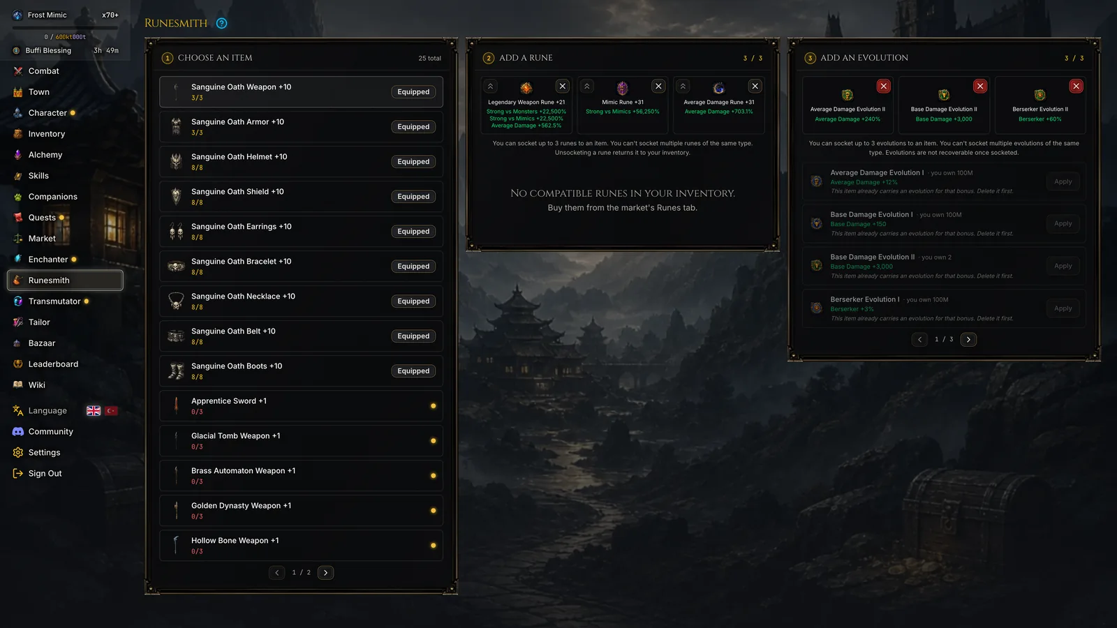 Runes and evolutions on a chosen item