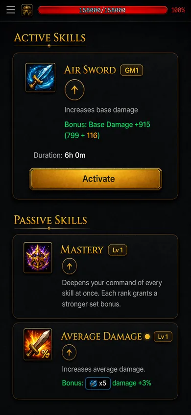 Active and passive skills, Air Sword and Mastery