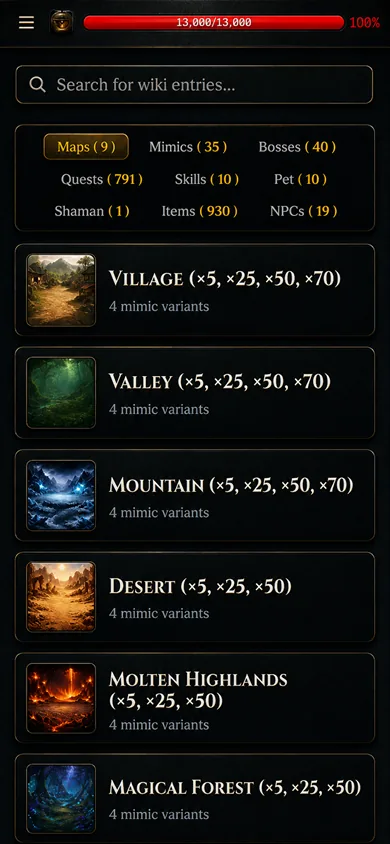 In-game wiki with maps, mimics, bosses and 930 items