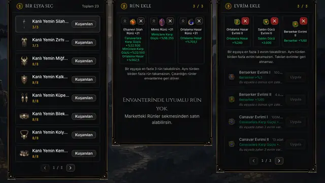 Rün Üstadı'nda eşya seçimi